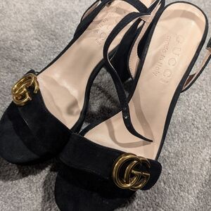 Gucci Black Suede Slingback Heels with Gold Double G Hardware